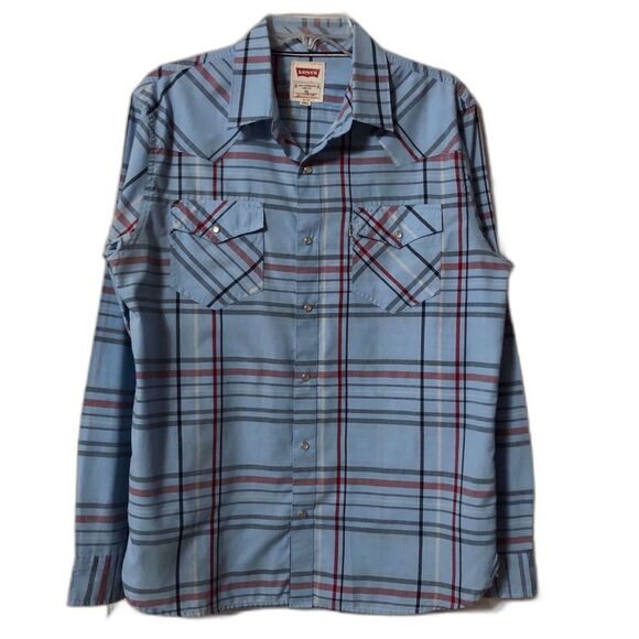 Mens Levi Pearl Snap Shirt Long Sleeve Size Medium Blue - Picture 1 of 6